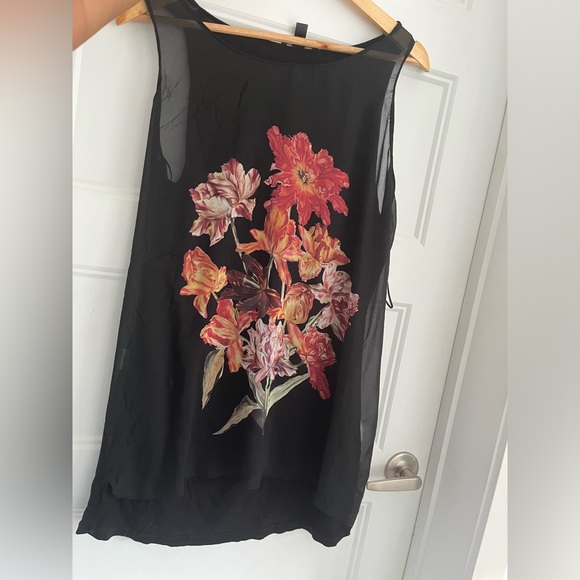 #36 🌺 5/$30 🌺 Mango sheer sleeveless black tunic / mini dress orange red flower - Picture 1 of 5